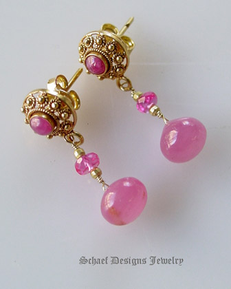 Hot pink sapphire briolettes, rubies and 18kt solid gold dangle earrings| Schaef Designs | New Mexico